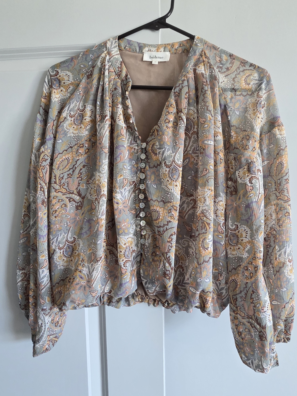 bohme Paisley Button-Up Blouson Top in Taupe and Lavender